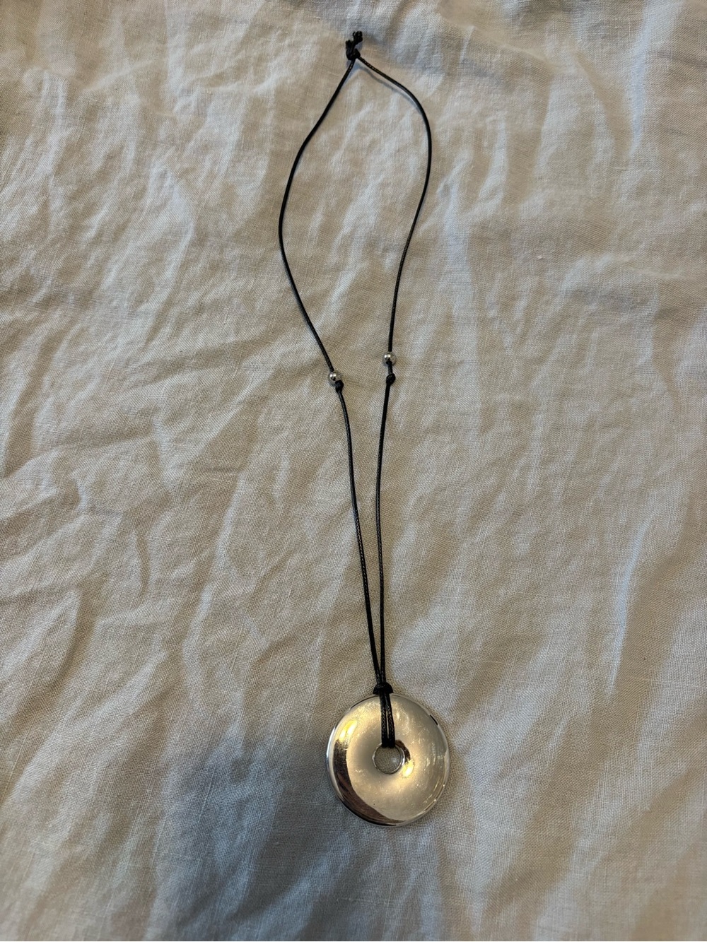 Silver Disc Pendant Necklace Black Cord with Beads